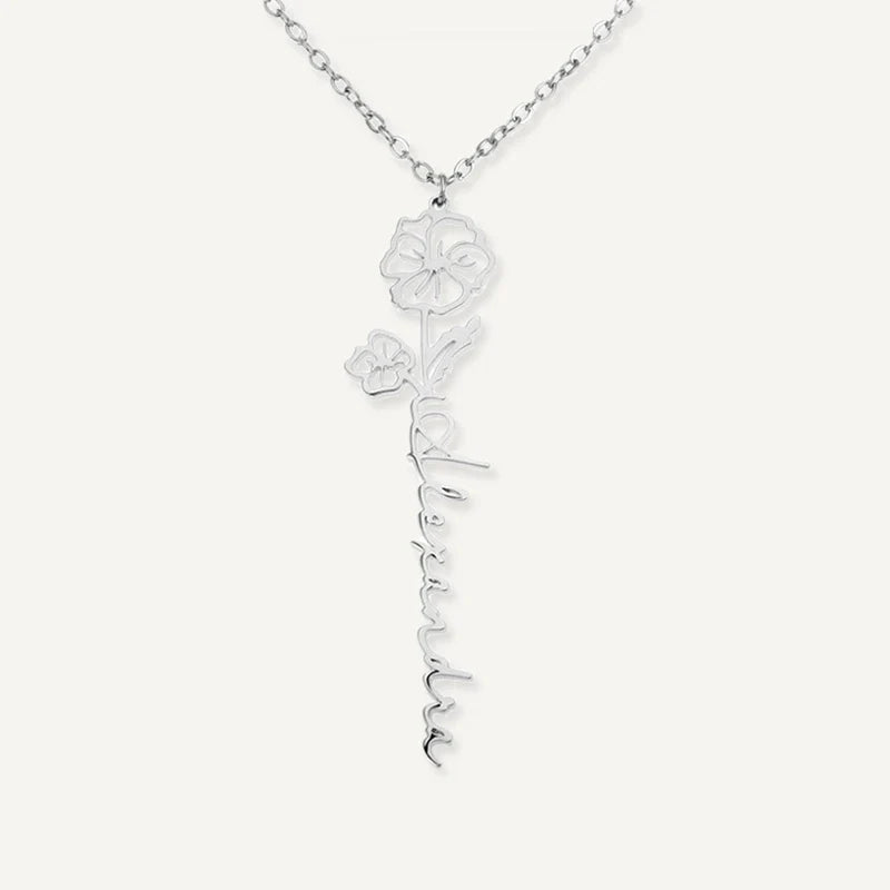 Namenskette vertikal mit Blume und Geburtsstein